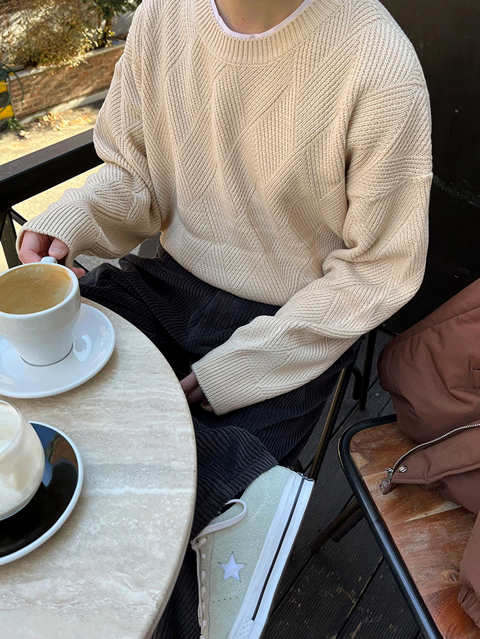 남녀공용 피셔맨 라운드 니트티(5color) 루즈핏 오버핏 니트 커플니트 기본니트