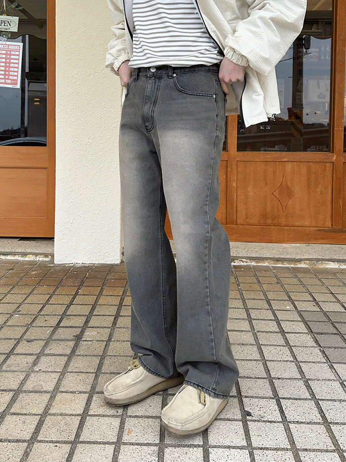 남녀공용 스모키 브러쉬 세미와이드 데님팬츠(2color)
