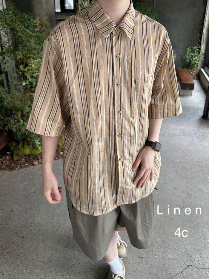 남녀공용 린넨 스트라이프 반팔 셔츠(4color)